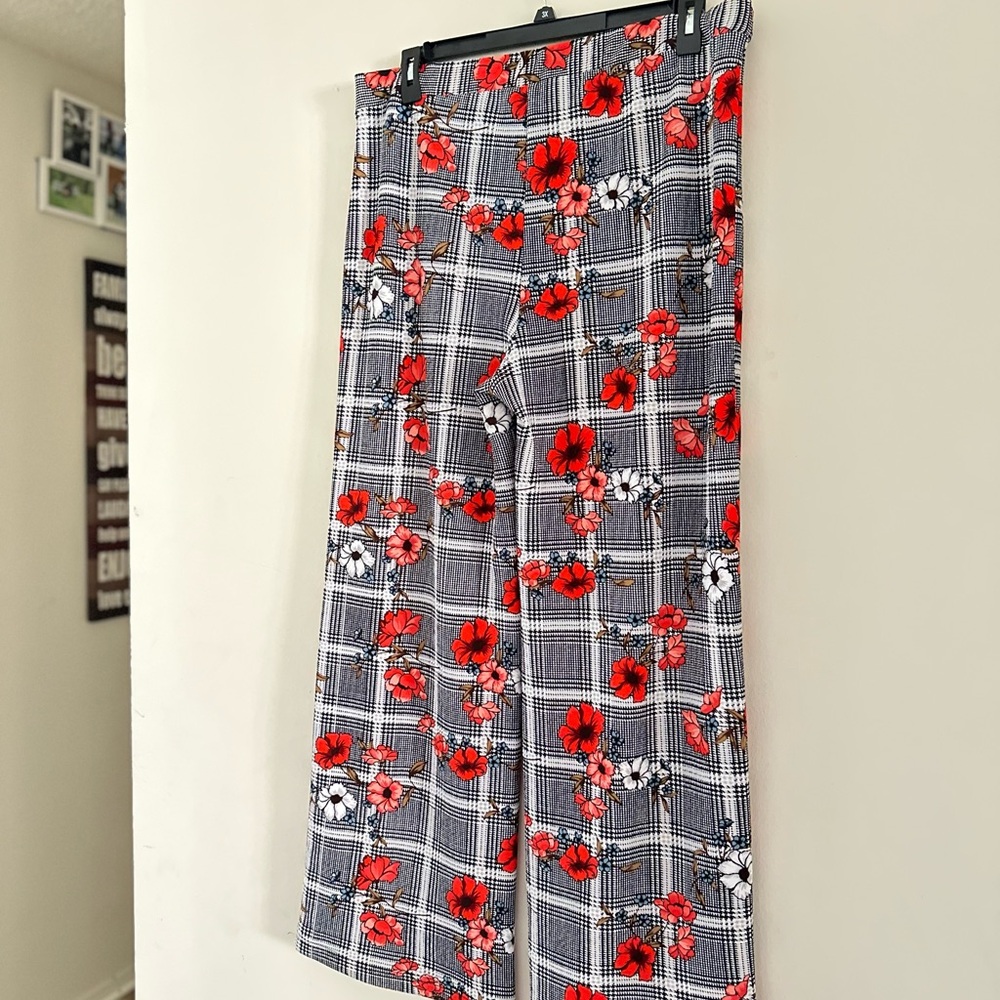 Floral Plaid Wide Leg Pants